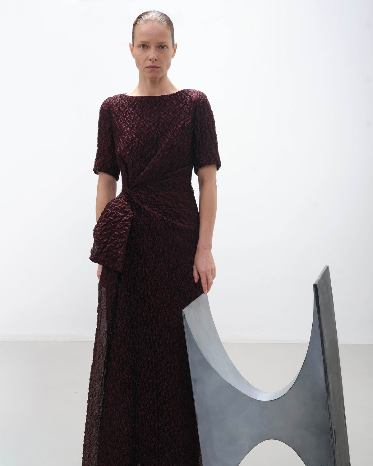 Syla Cloqué Gathered Drape Maxi Dress