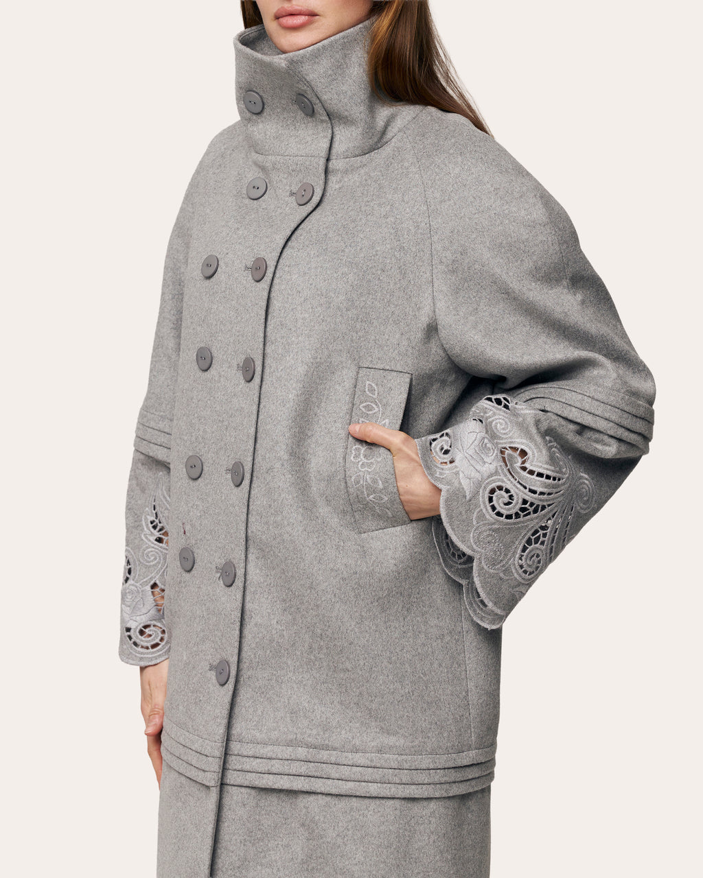 Rose Eclipse Embroidered Cutwork Wool Coat