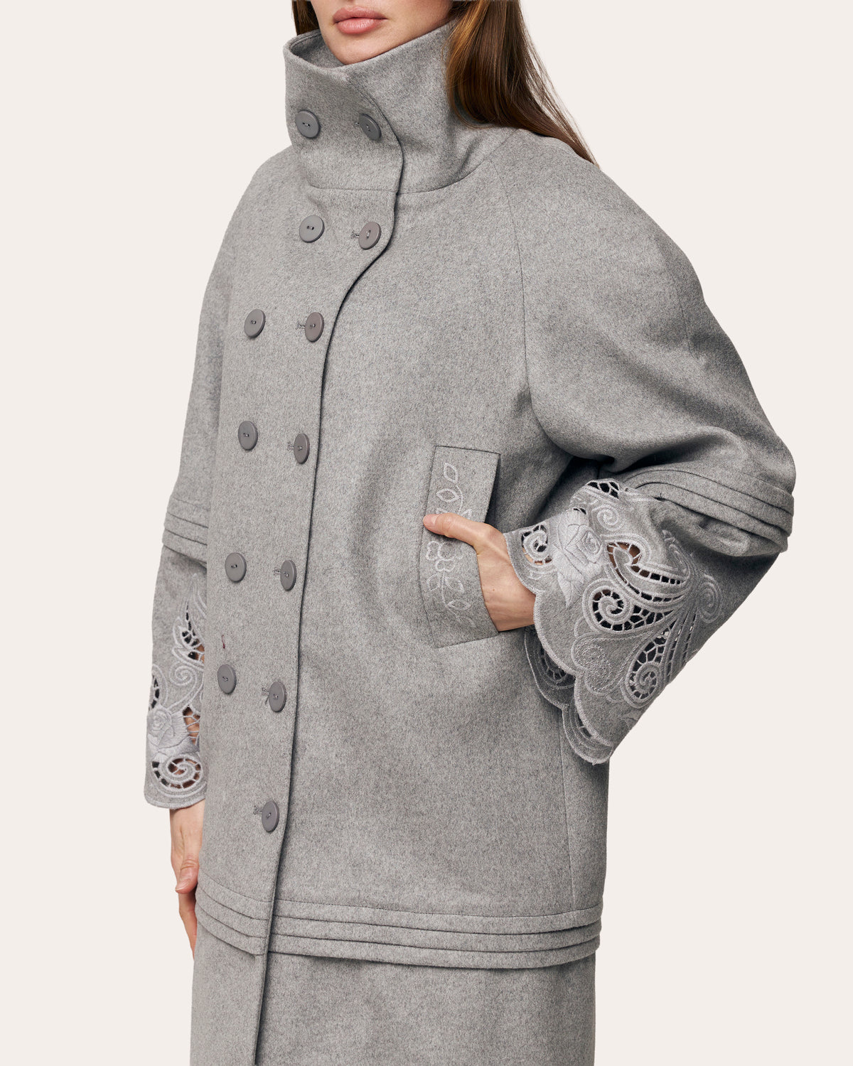 Rose Eclipse Embroidered Cutwork Wool Coat