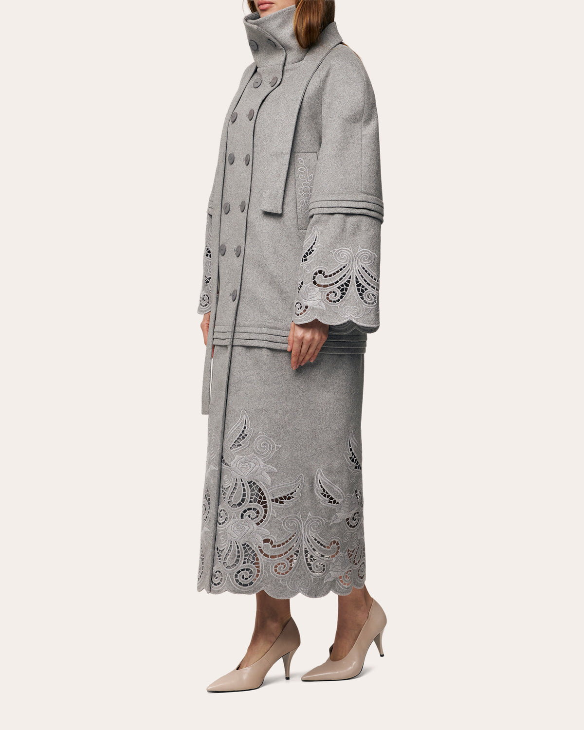 Rose Eclipse Embroidered Cutwork Wool Coat