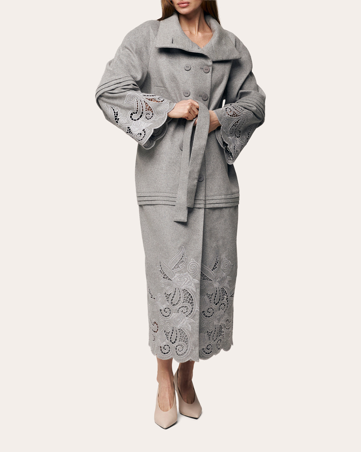 Rose Eclipse Embroidered Cutwork Wool Coat