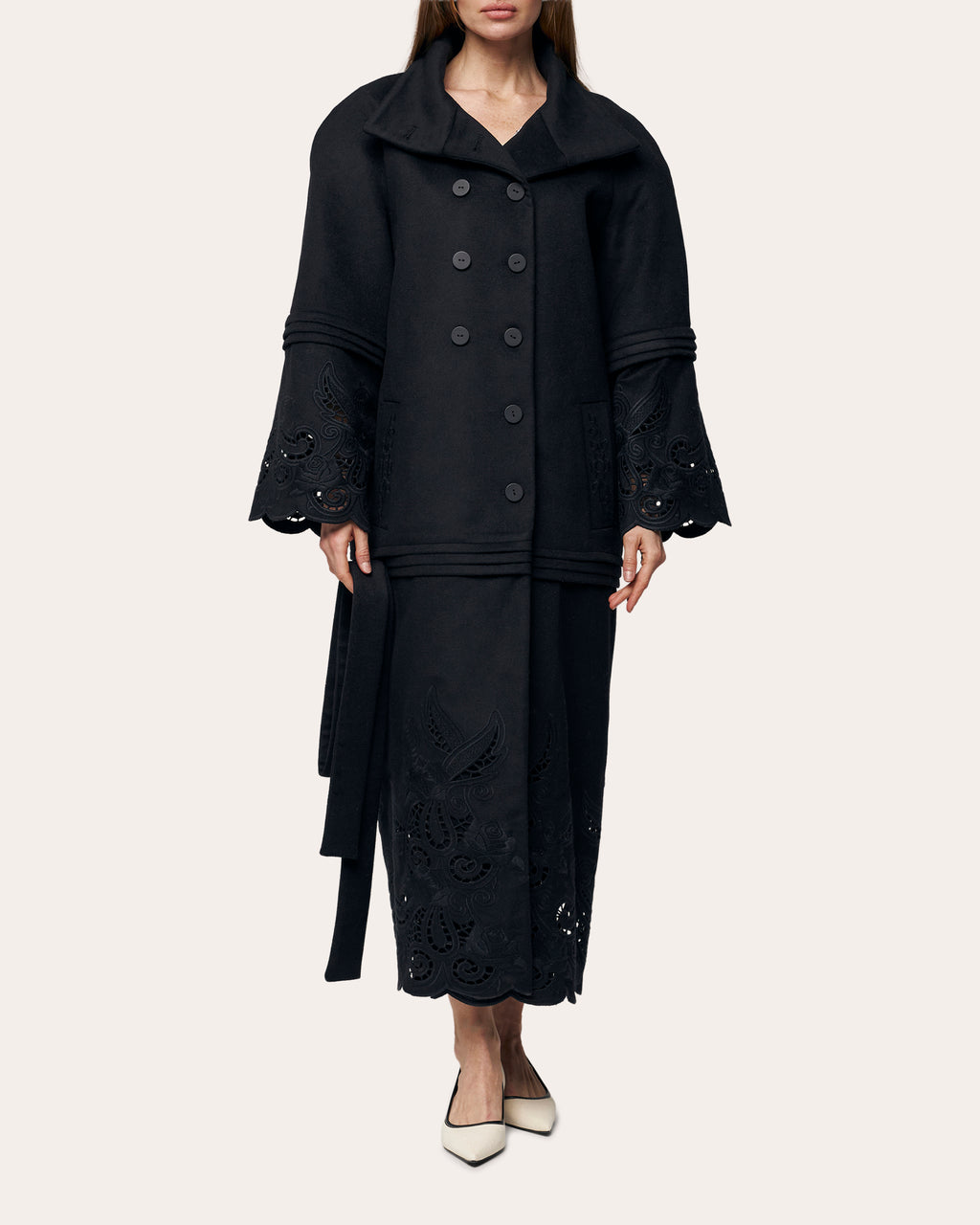 Rose Eclipse Embroidered Cutwork Wool Coat