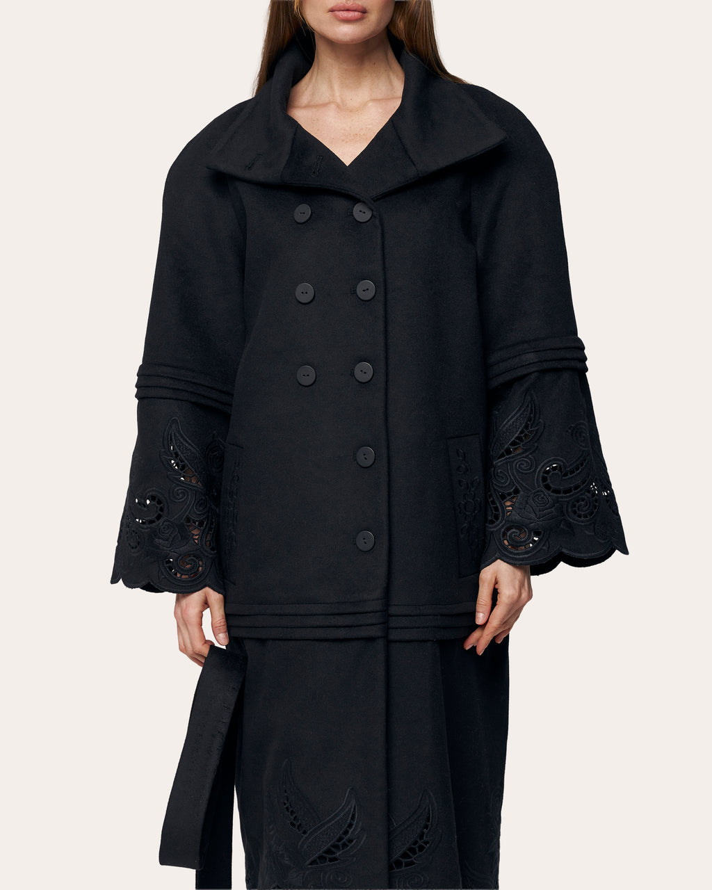 Rose Eclipse Embroidered Cutwork Wool Coat