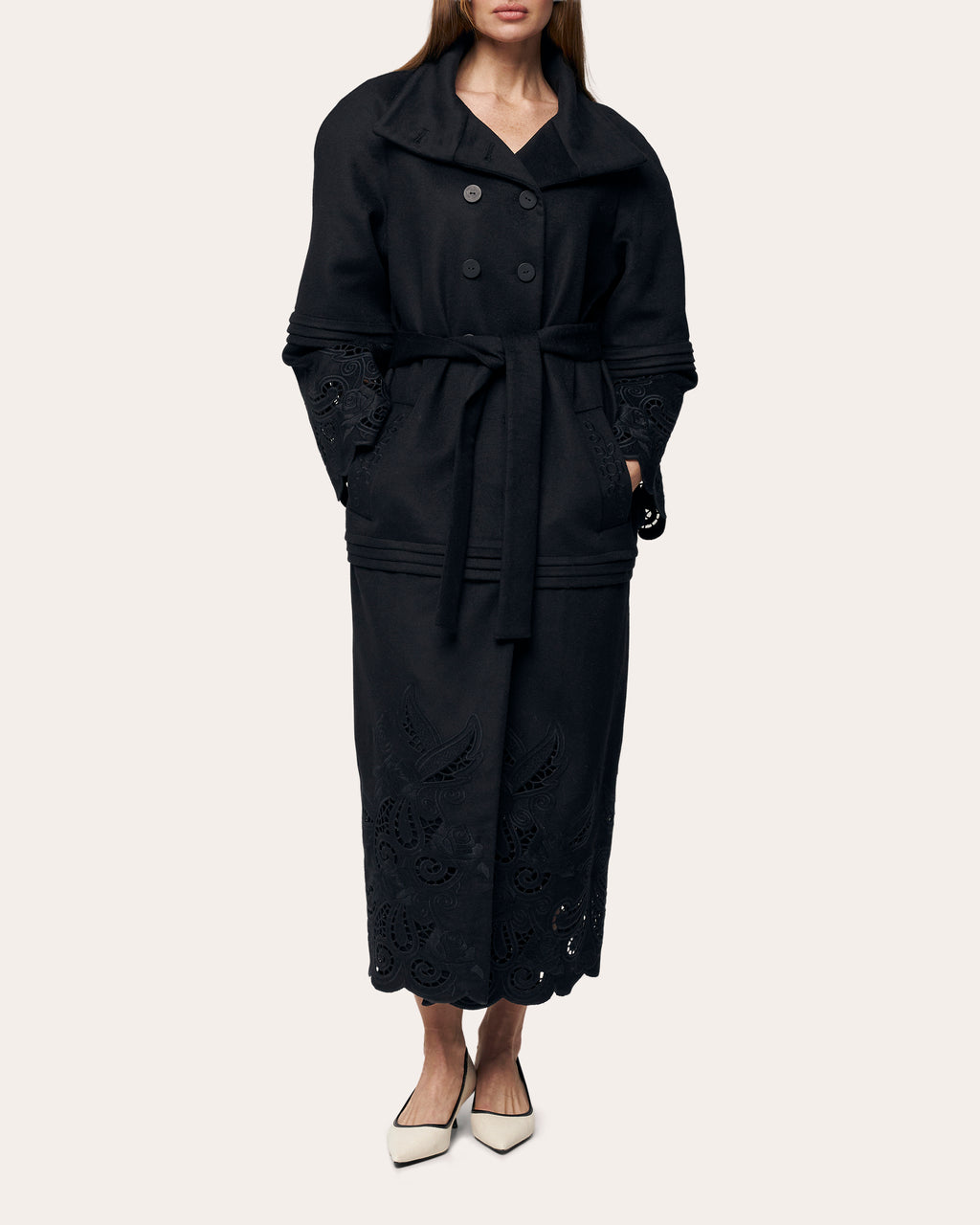 Rose Eclipse Embroidered Cutwork Wool Coat
