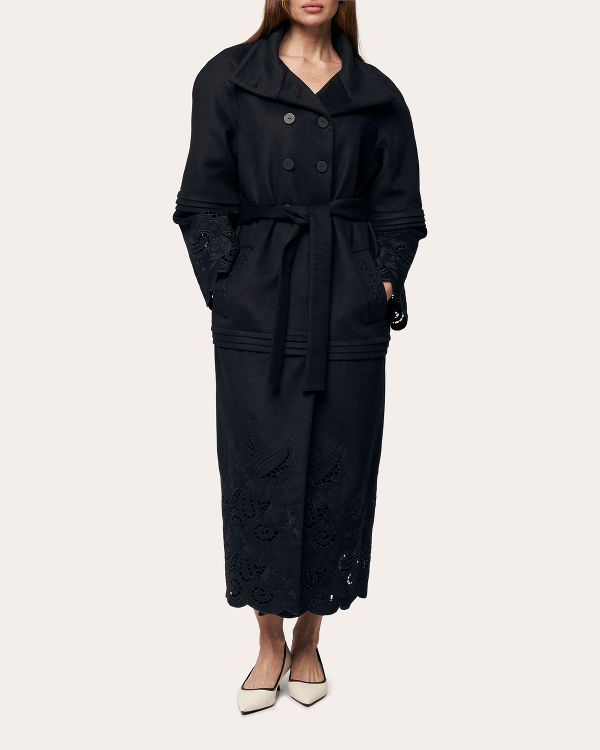 Rose Eclipse Embroidered Cutwork Wool Coat