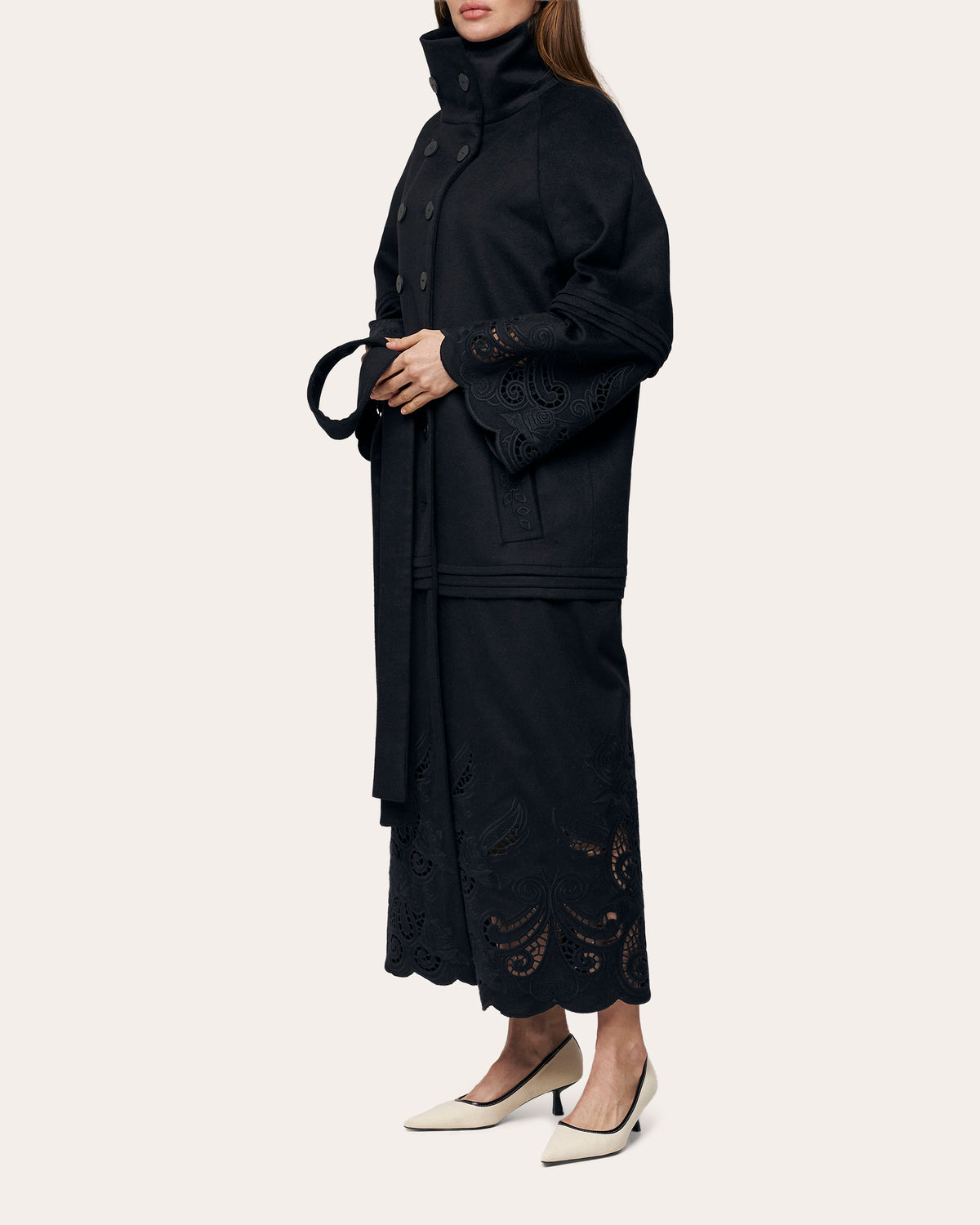 Rose Eclipse Embroidered Cutwork Wool Coat