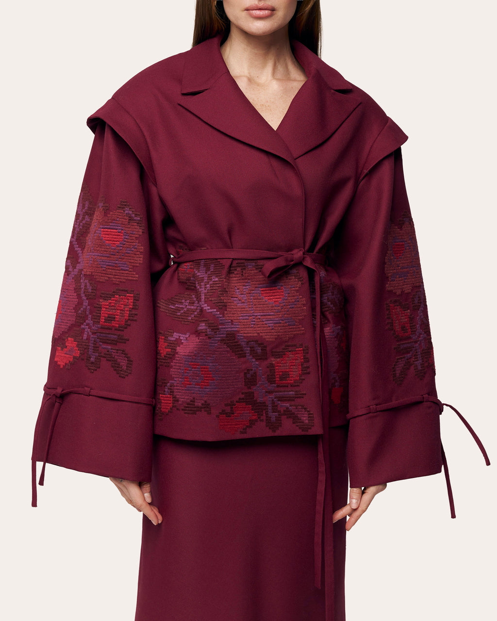 Pixel Rose Embroidered Wool Peplum Jacket