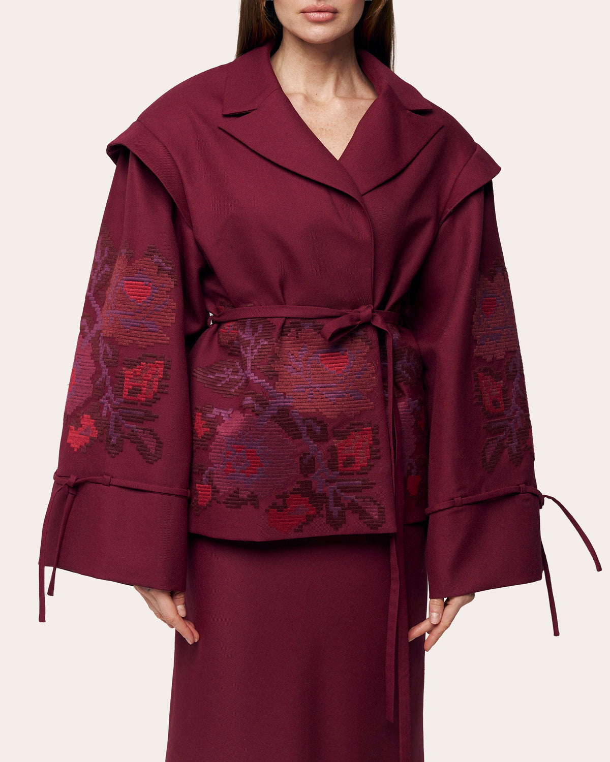 Pixel Rose Embroidered Wool Peplum Jacket