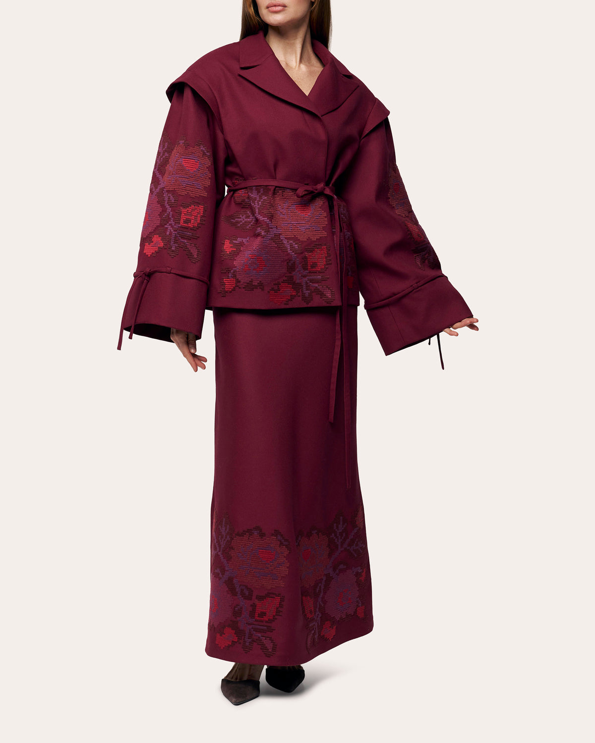 Pixel Rose Embroidered Wool Peplum Jacket