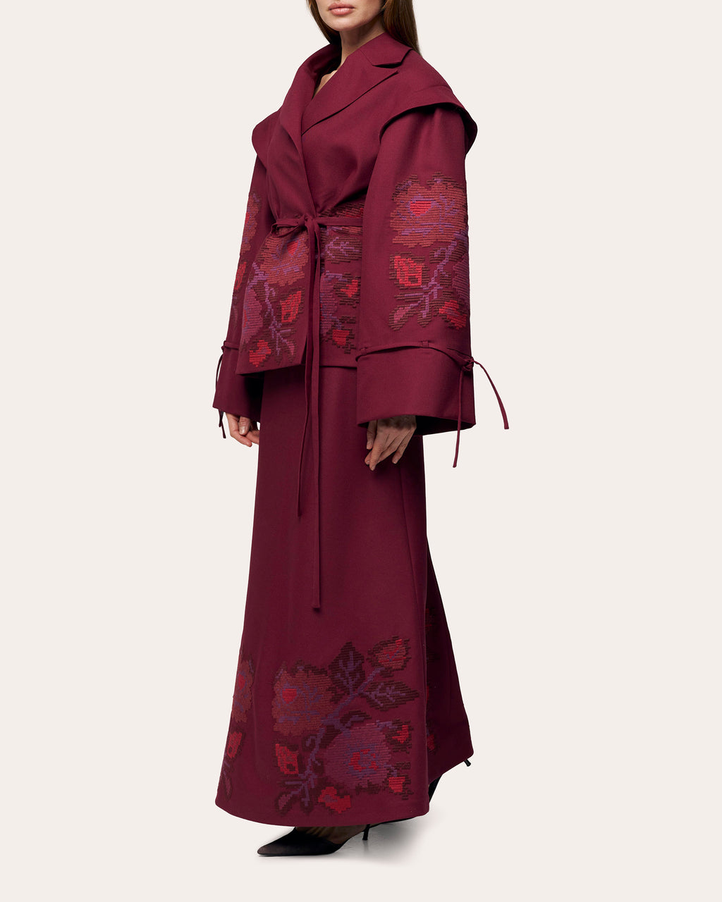 Pixel Rose Embroidered Wool Peplum Jacket