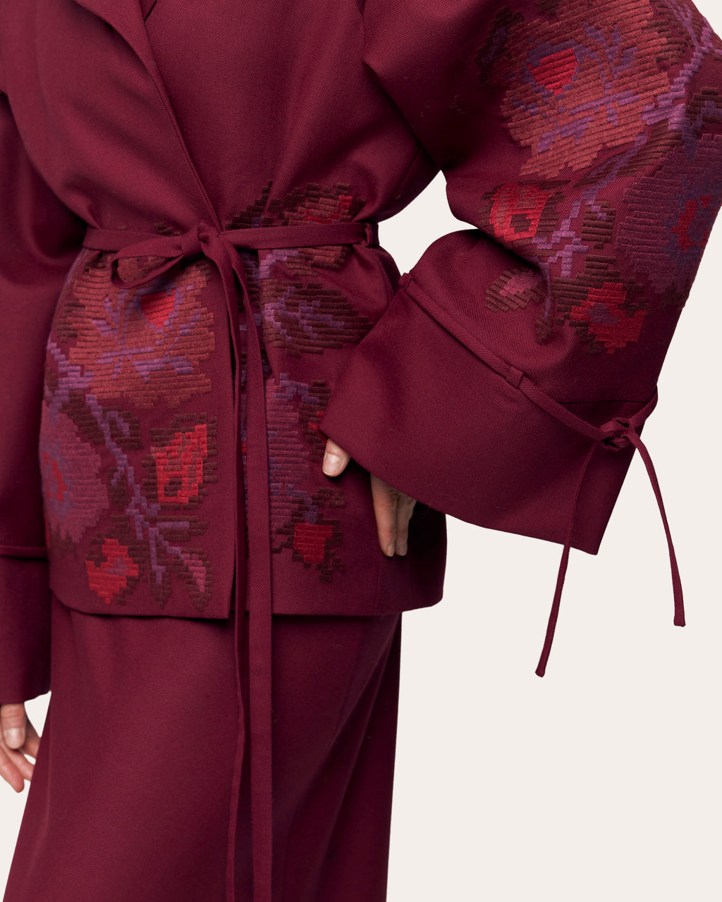 Pixel Rose Embroidered Wool Peplum Jacket