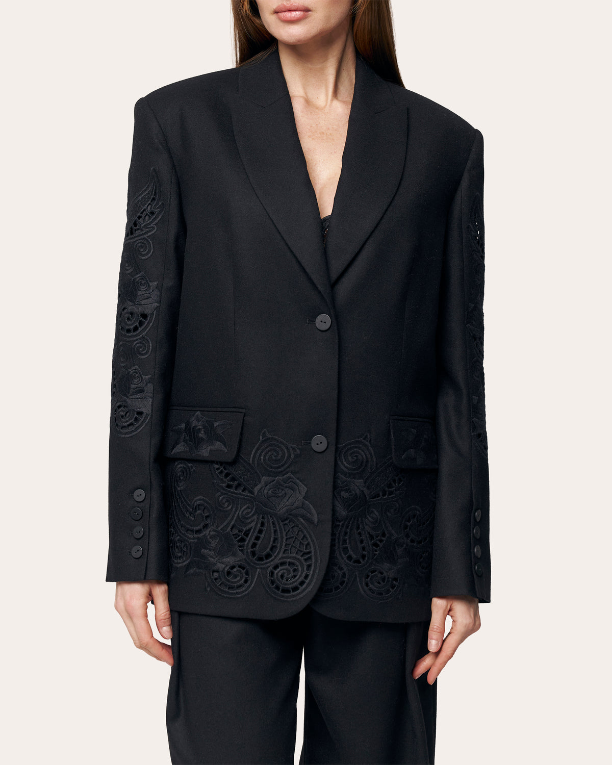 Rose Atelier Embroidered Cutwork Wool Blazer
