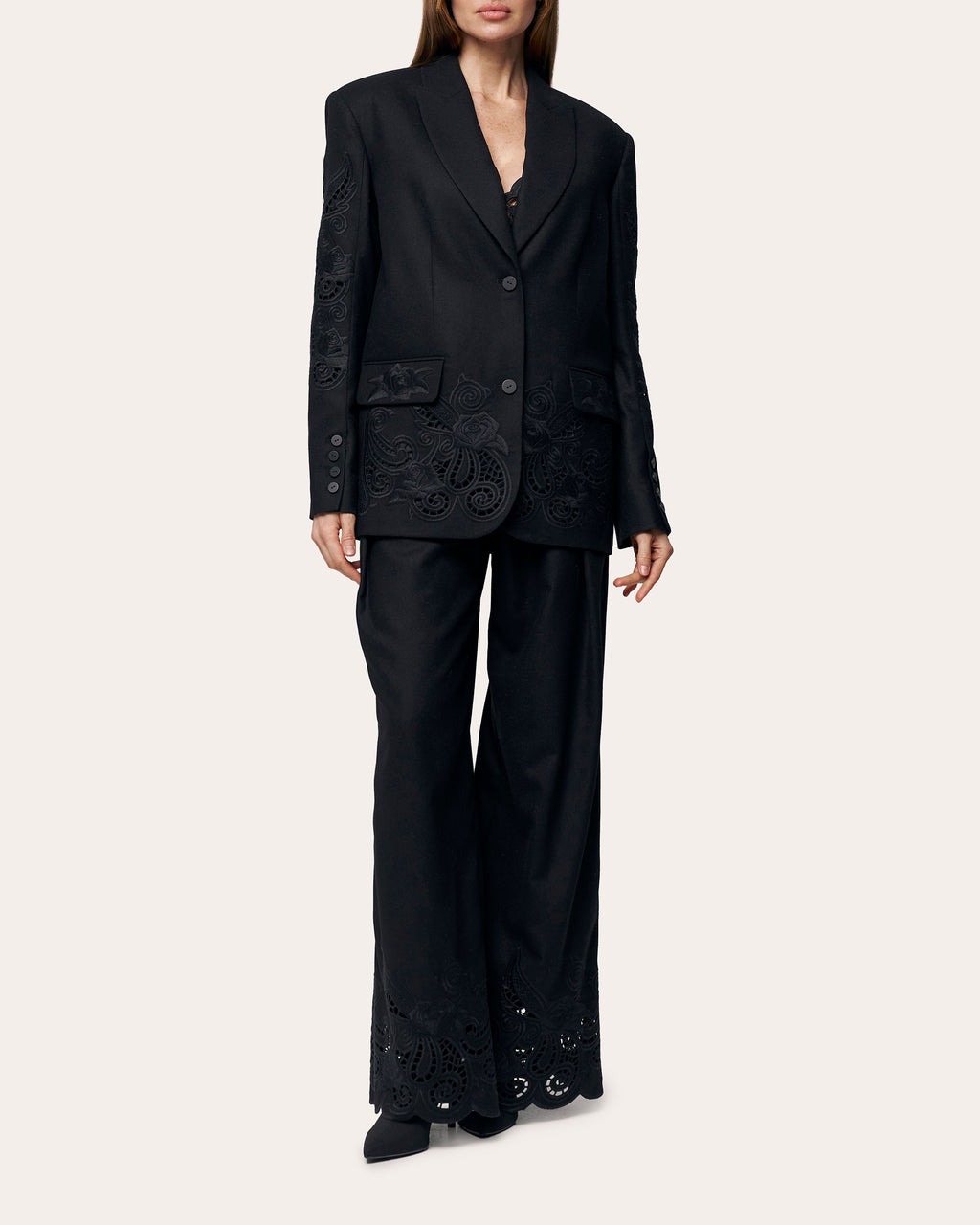 Black Rose Embroidered Cutwork Wide-Leg Pants