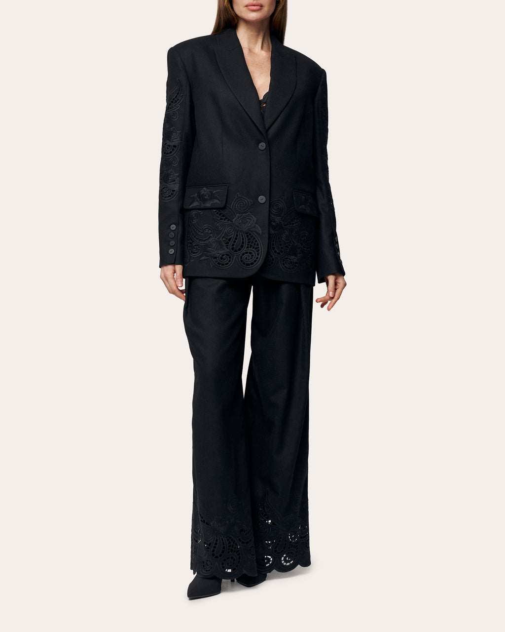 Rose Atelier Embroidered Cutwork Wool Blazer