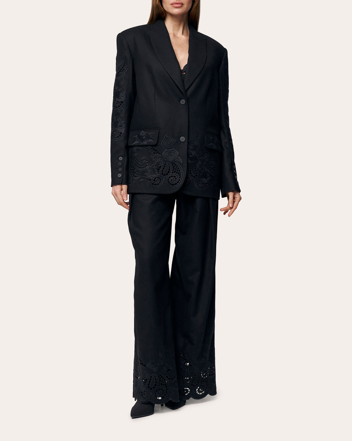 Rose Atelier Embroidered Cutwork Wool Blazer