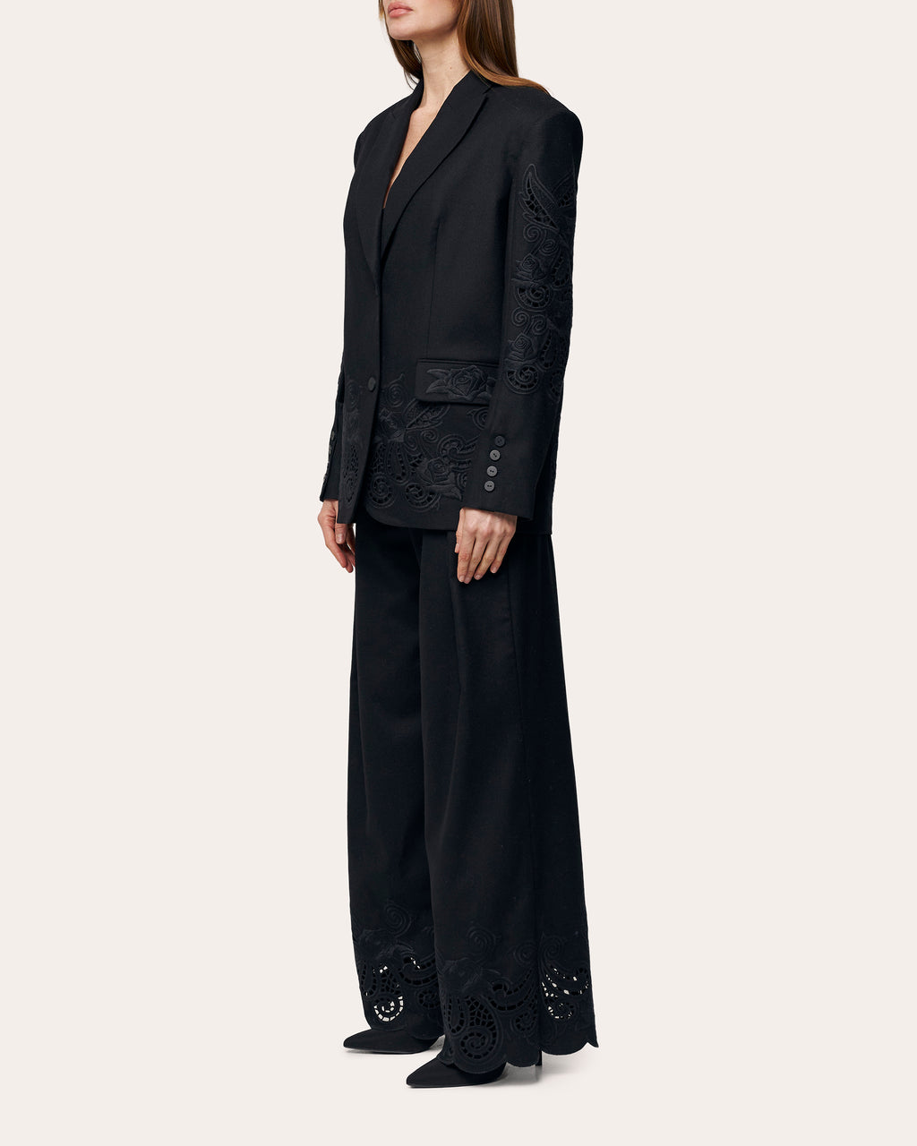 Black Rose Embroidered Cutwork Wide-Leg Pants