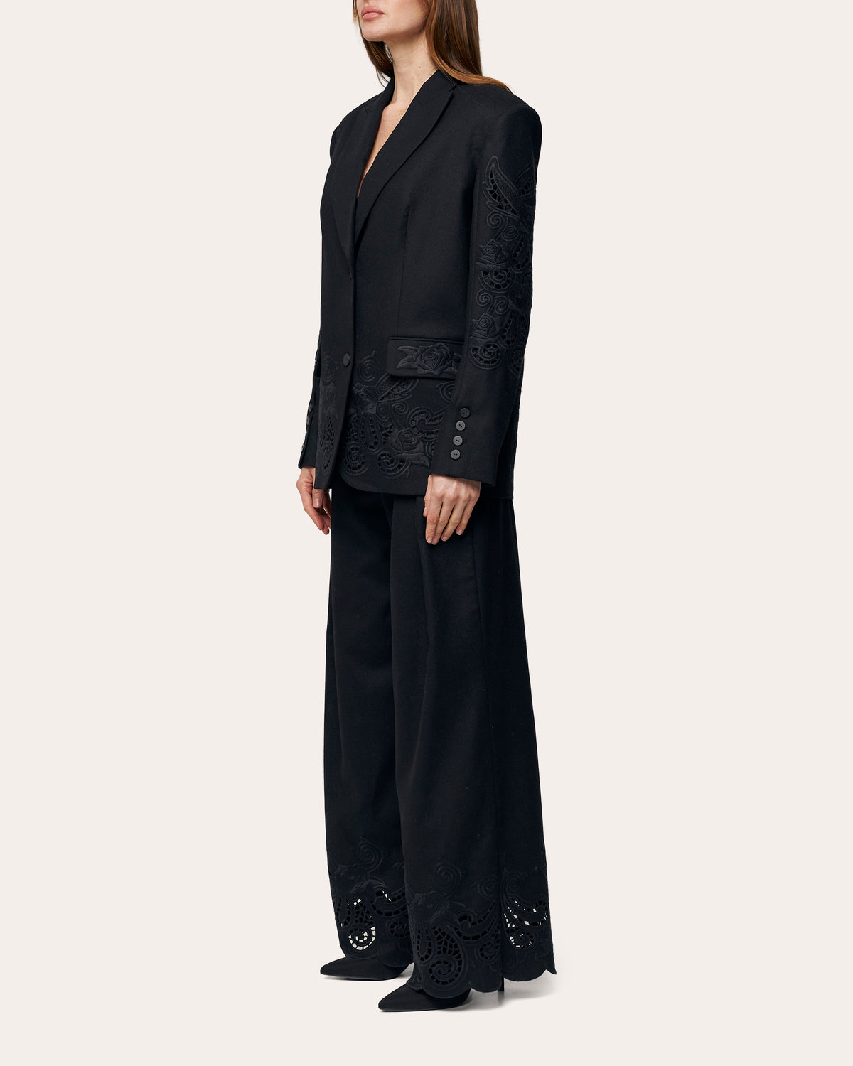 Rose Atelier Embroidered Cutwork Wool Blazer