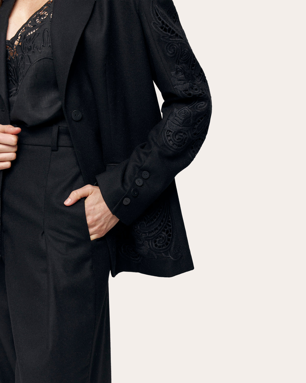 Black Rose Embroidered Cutwork Wide-Leg Pants