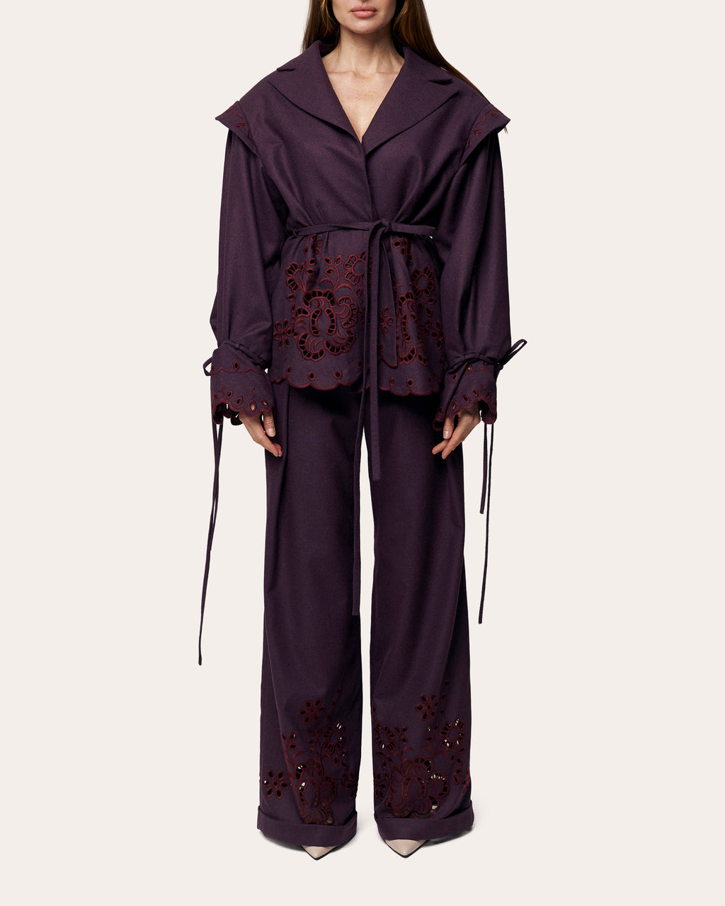 Burgundy Rose Embroidered Cutwork Wide-Leg Pants