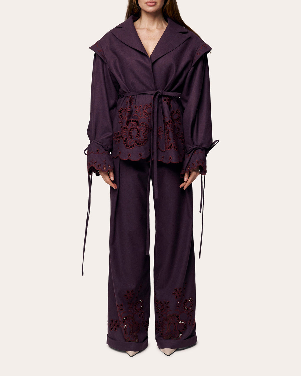 Burgundy Rose Embroidered Wool Peplum Jacket