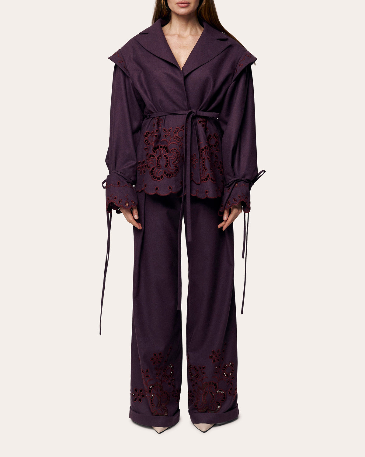 Burgundy Rose Embroidered Wool Peplum Jacket