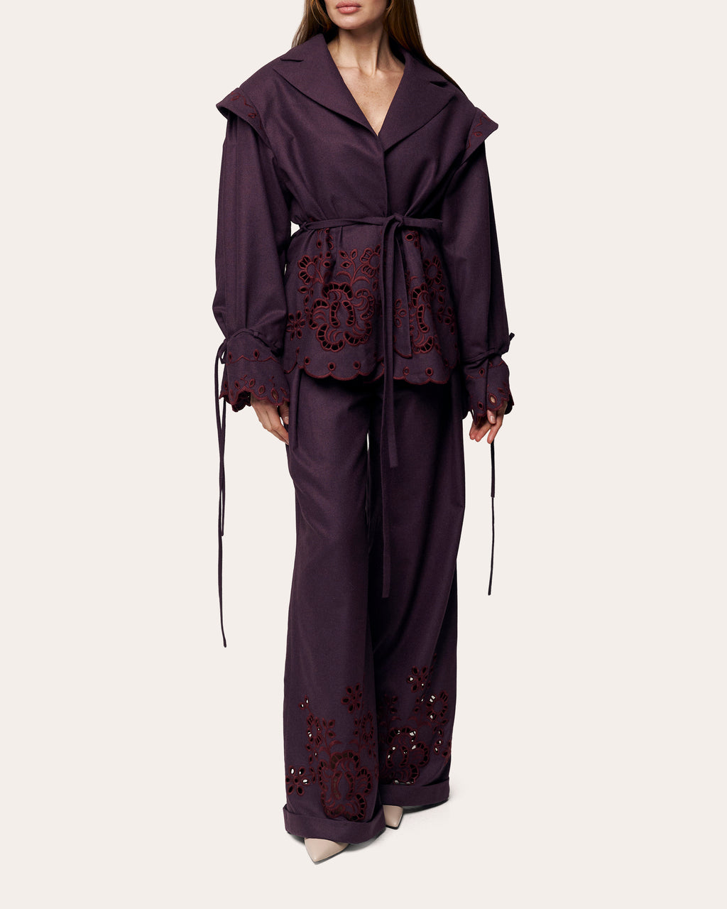 Burgundy Rose Embroidered Cutwork Wide-Leg Pants