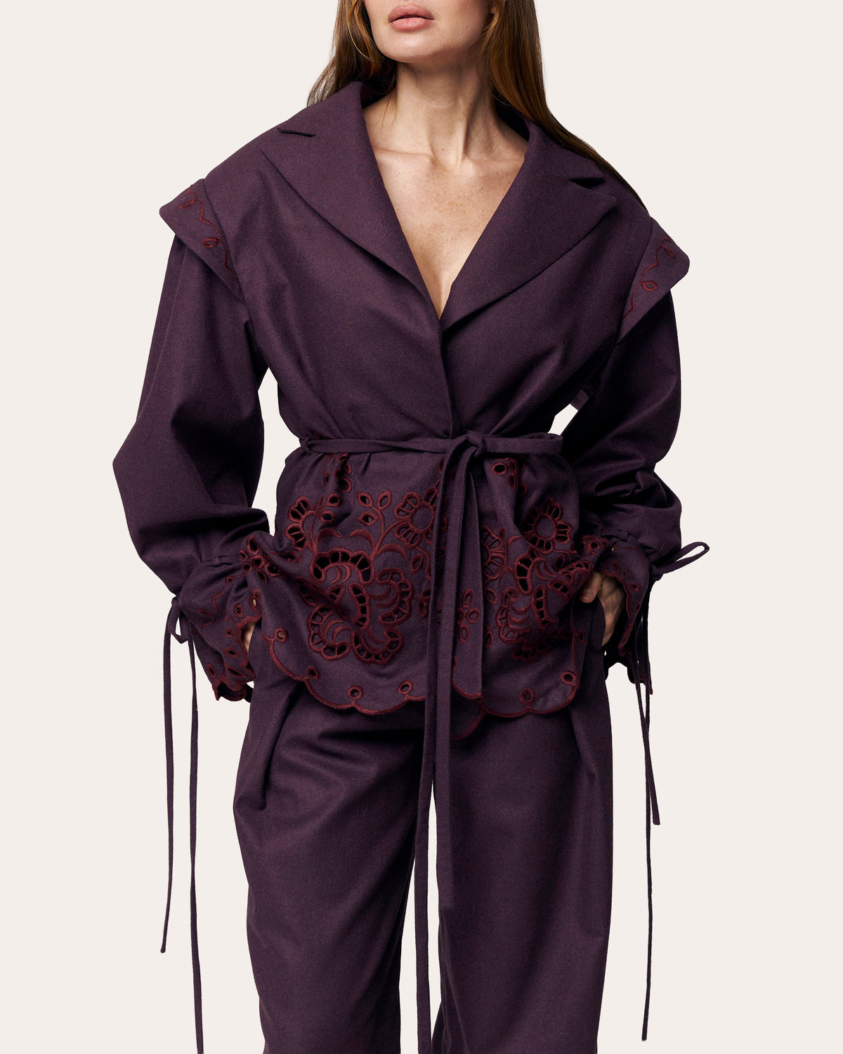Burgundy Rose Embroidered Wool Peplum Jacket