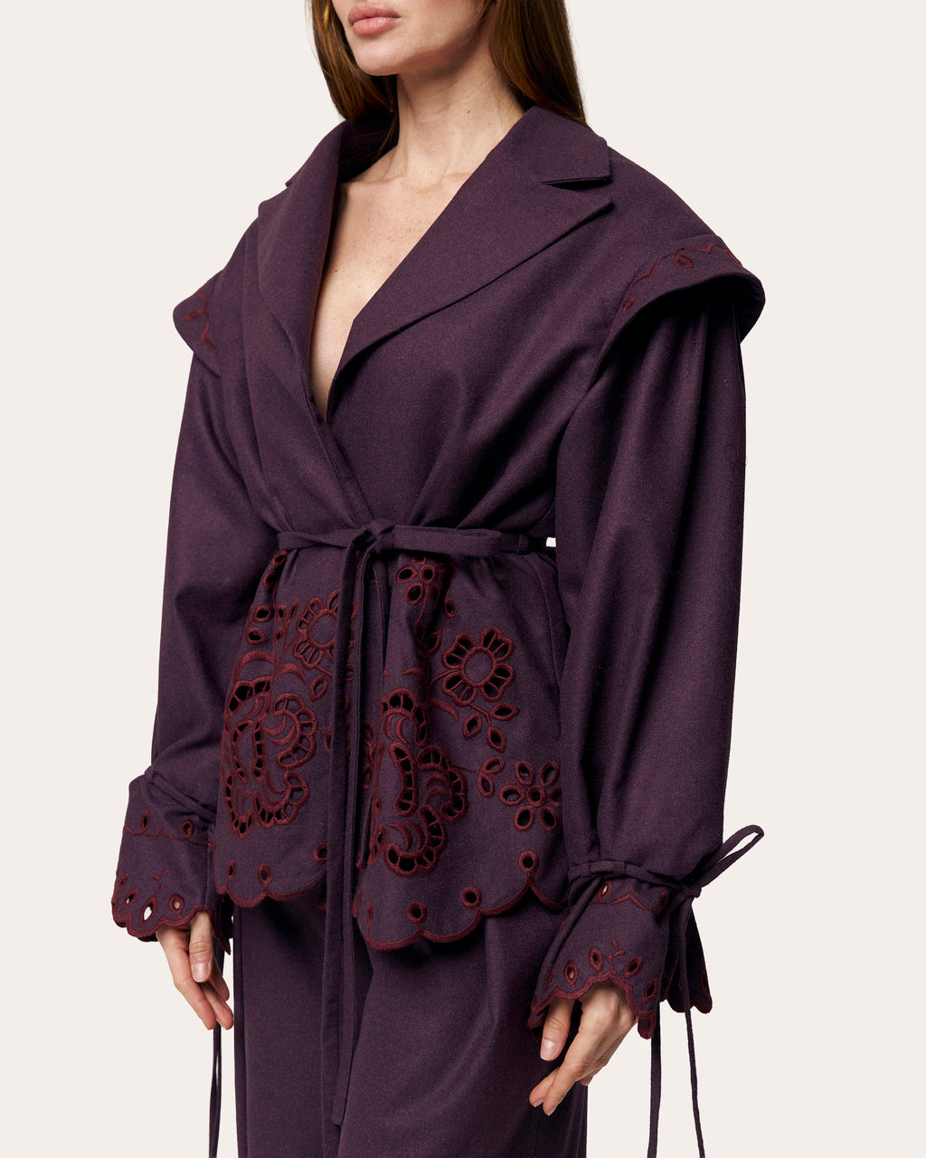Burgundy Rose Embroidered Wool Peplum Jacket