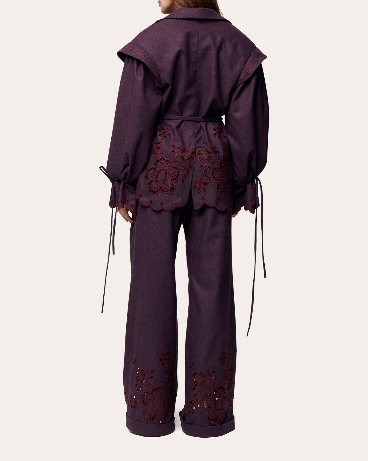 Burgundy Rose Embroidered Cutwork Wide-Leg Pants