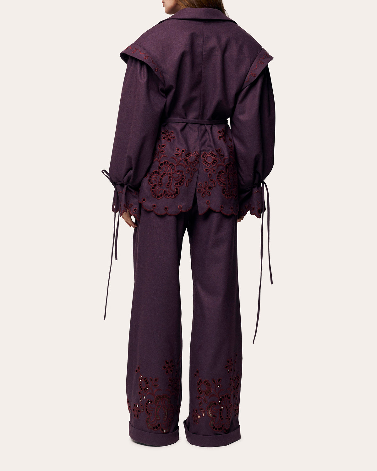 Burgundy Rose Embroidered Wool Peplum Jacket
