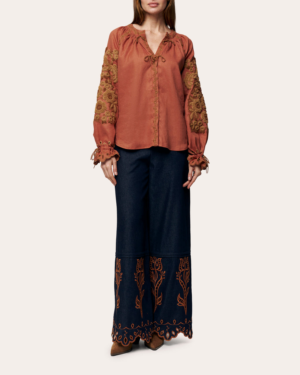 Velvet Rose Embroidered Denim Wide-Leg Pants