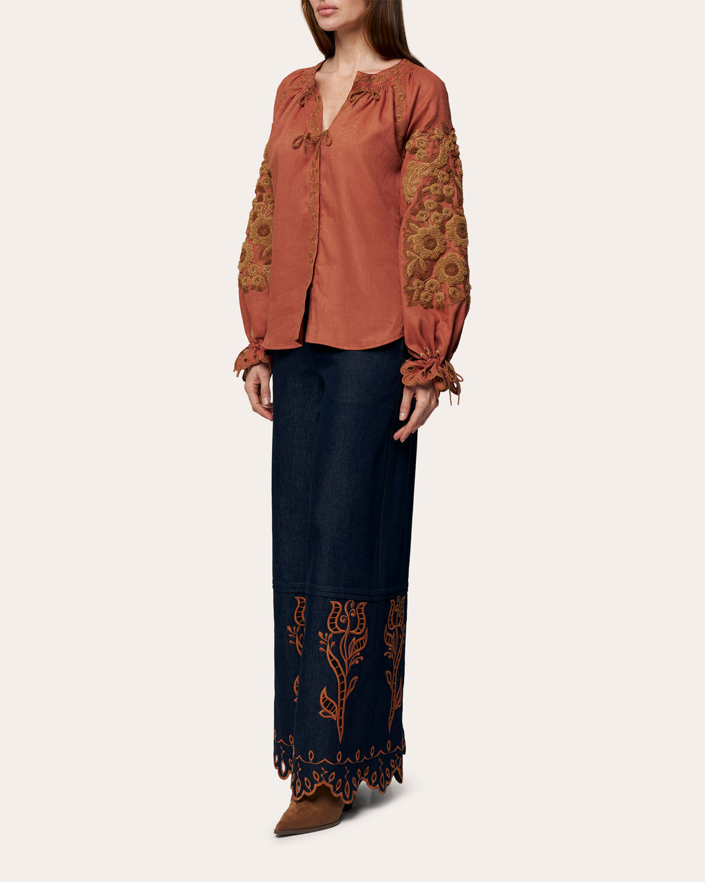 Velvet Rose Embroidered Denim Wide-Leg Pants