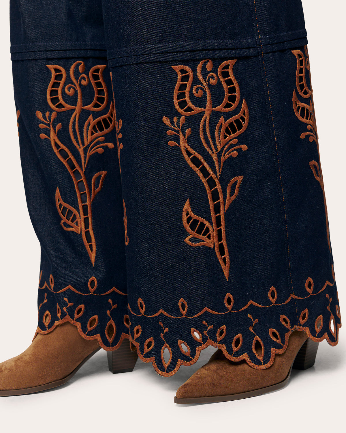 Velvet Rose Embroidered Denim Wide-Leg Pants