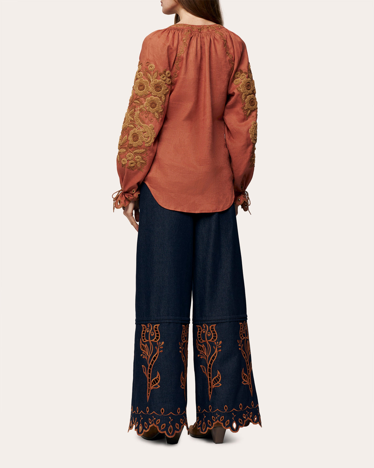 Velvet Rose Embroidered Denim Wide-Leg Pants