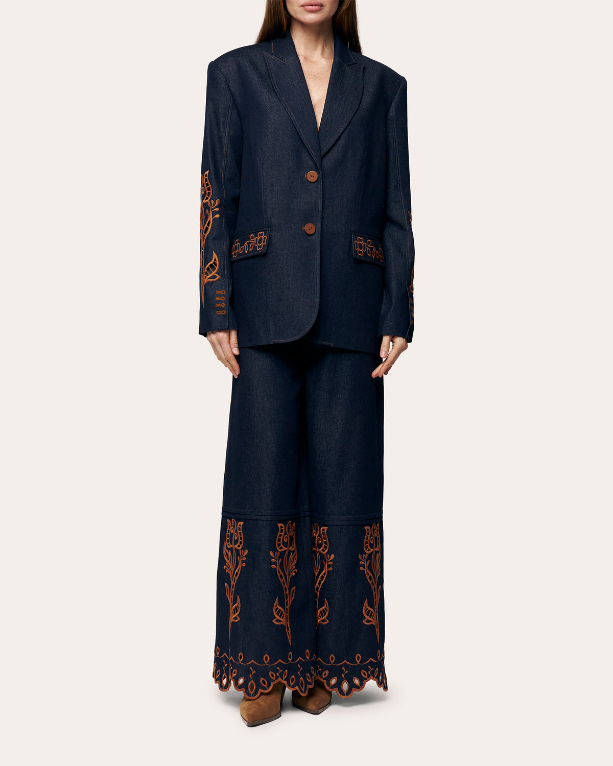 Velvet Rose Embroidered Denim Wide-Leg Pants