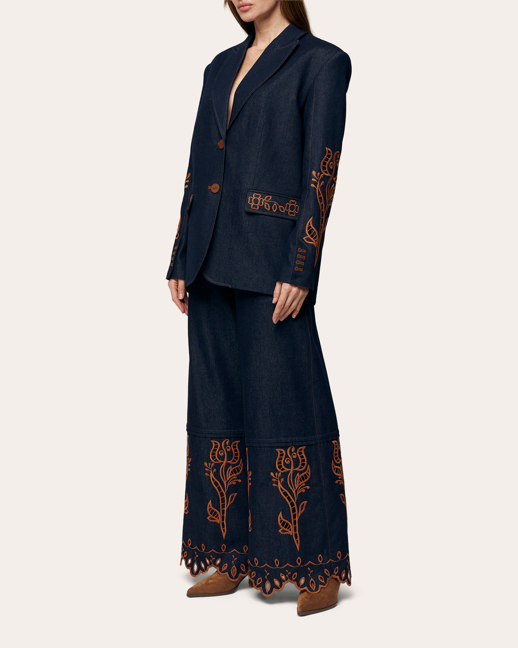 Velvet Rose Embroidered Denim Wide-Leg Pants
