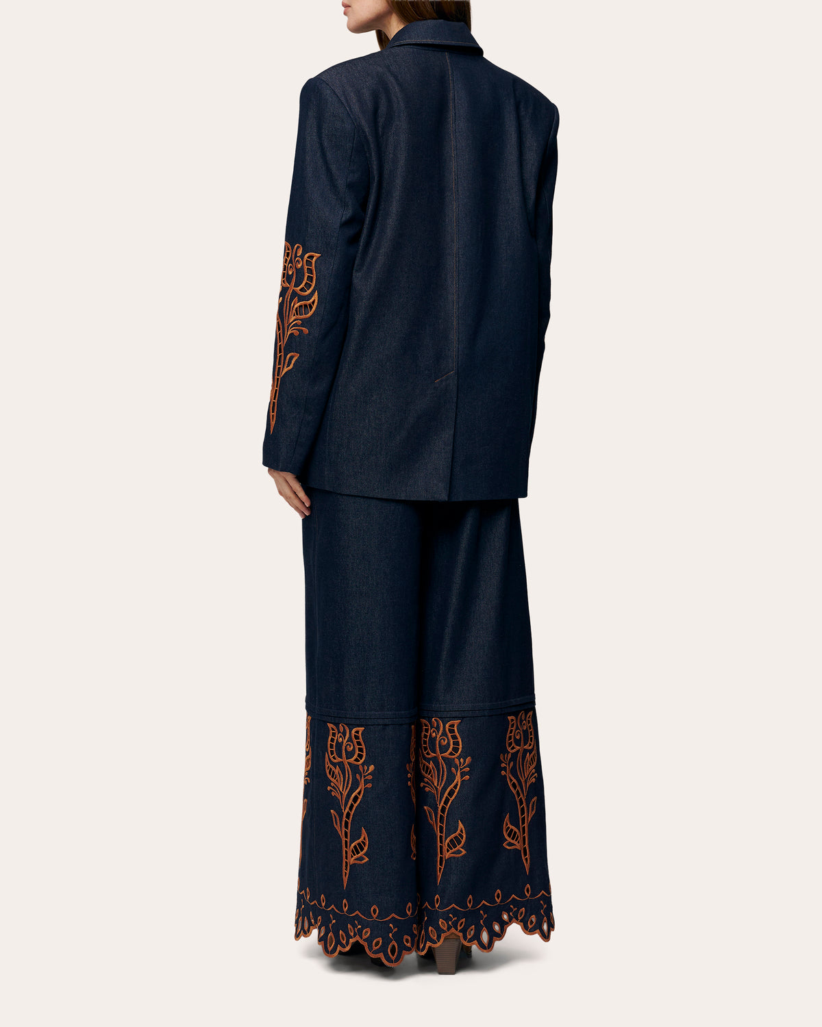Velvet Rose Embroidered Denim Wide-Leg Pants