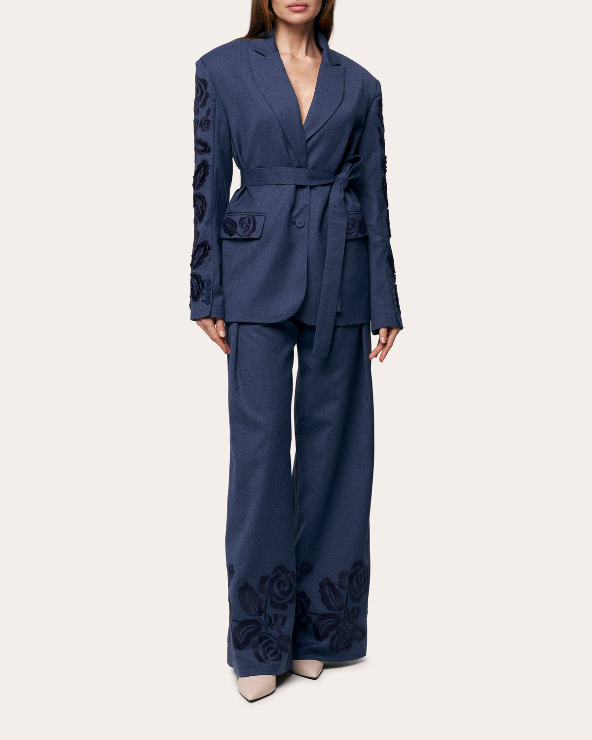 Velvet Rose Embroidered Wool Wide-Leg Pants