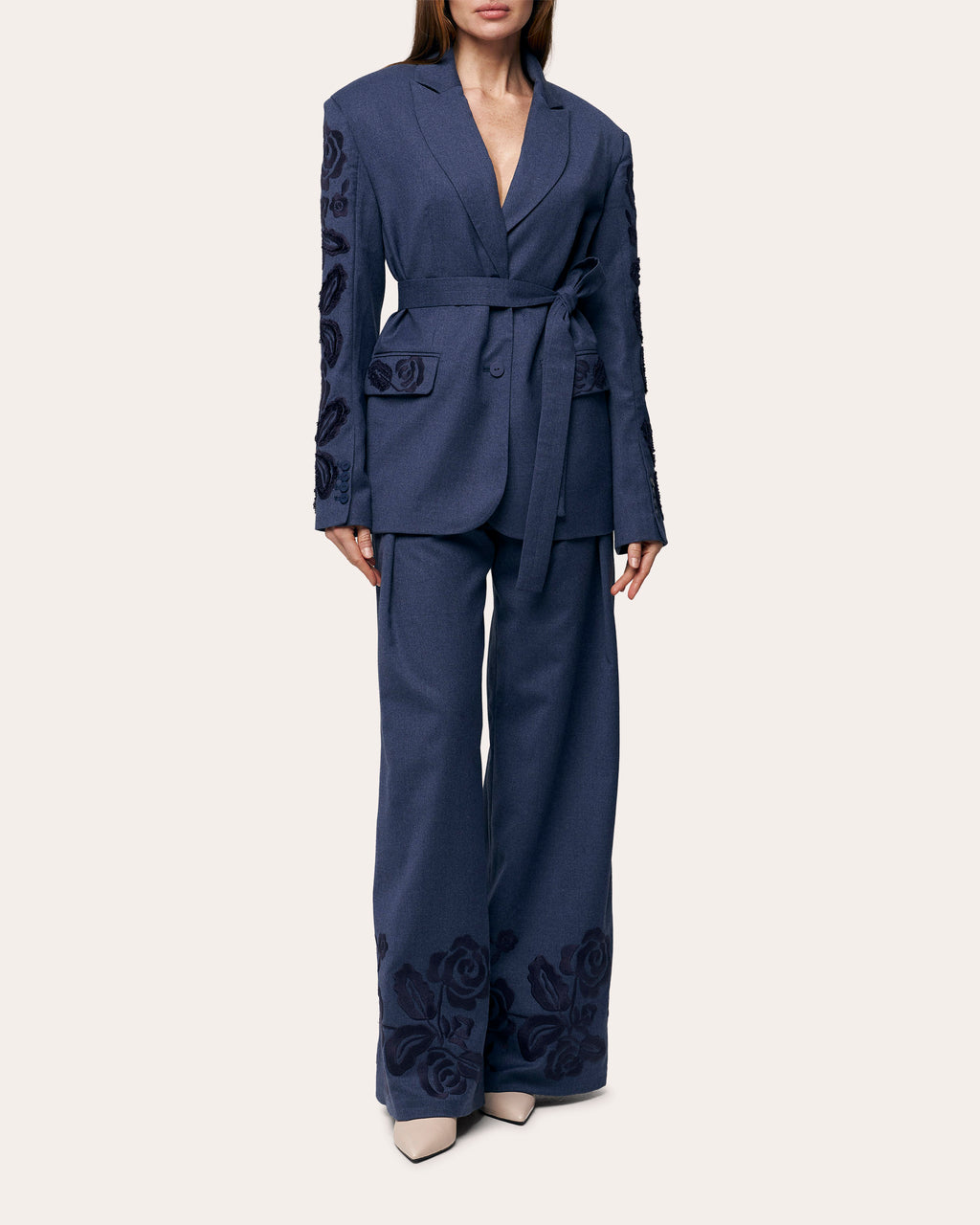 Velvet Rose Embroidered Wool Belted Blazer