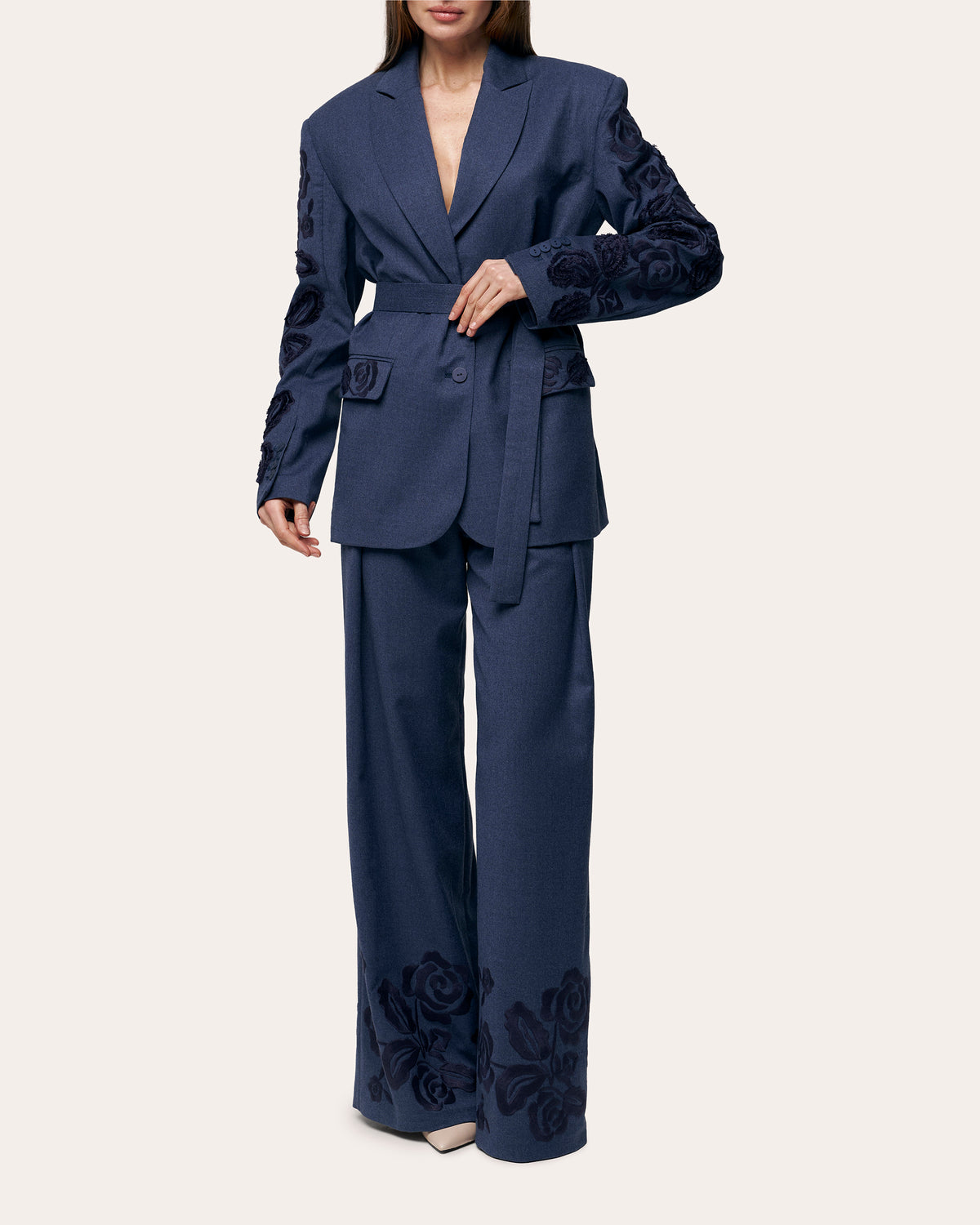 Velvet Rose Embroidered Wool Wide-Leg Pants