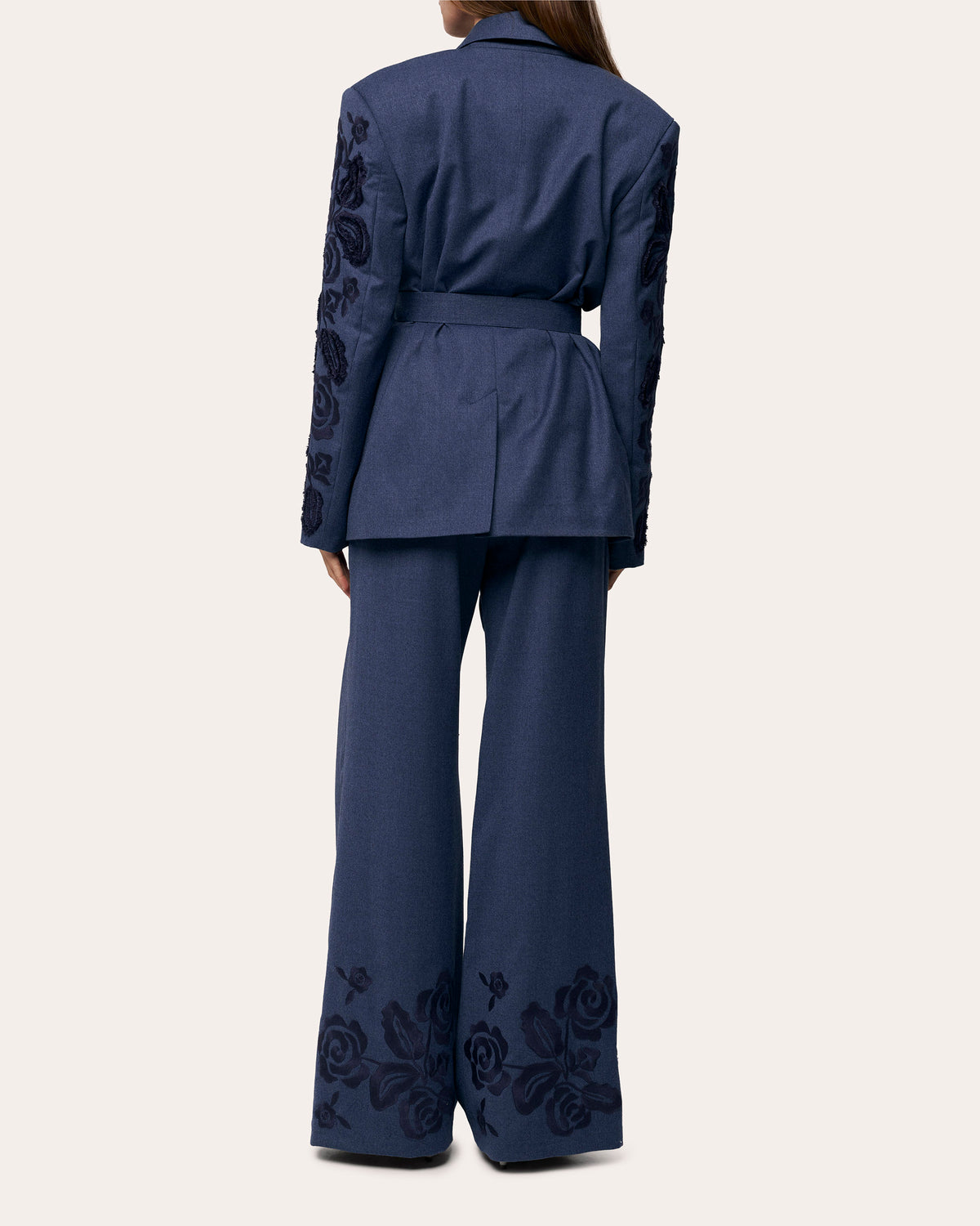 Velvet Rose Embroidered Wool Belted Blazer