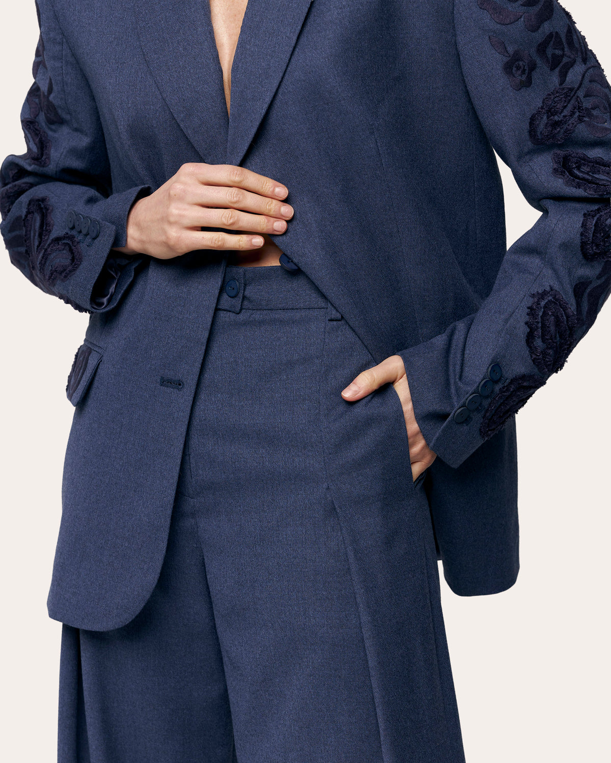 Velvet Rose Embroidered Wool Belted Blazer