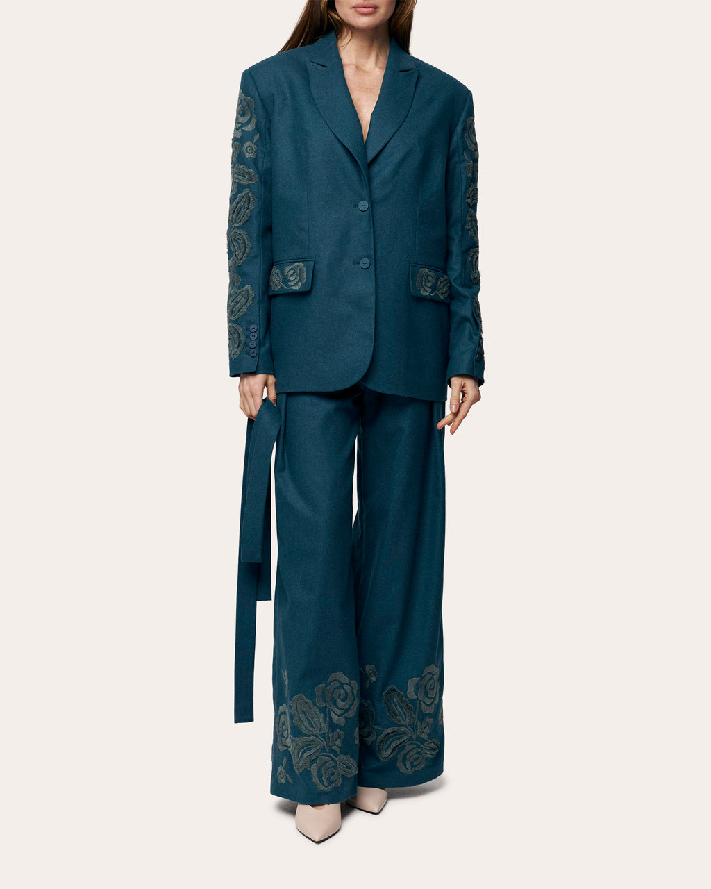 Velvet Rose Embroidered Wool Belted Blazer