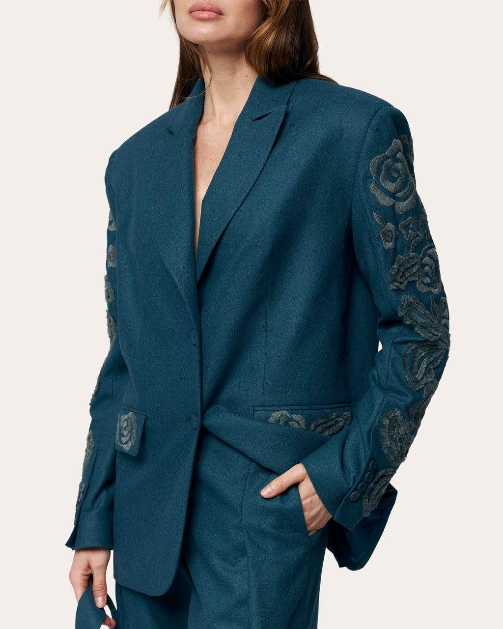 Velvet Rose Embroidered Wool Belted Blazer