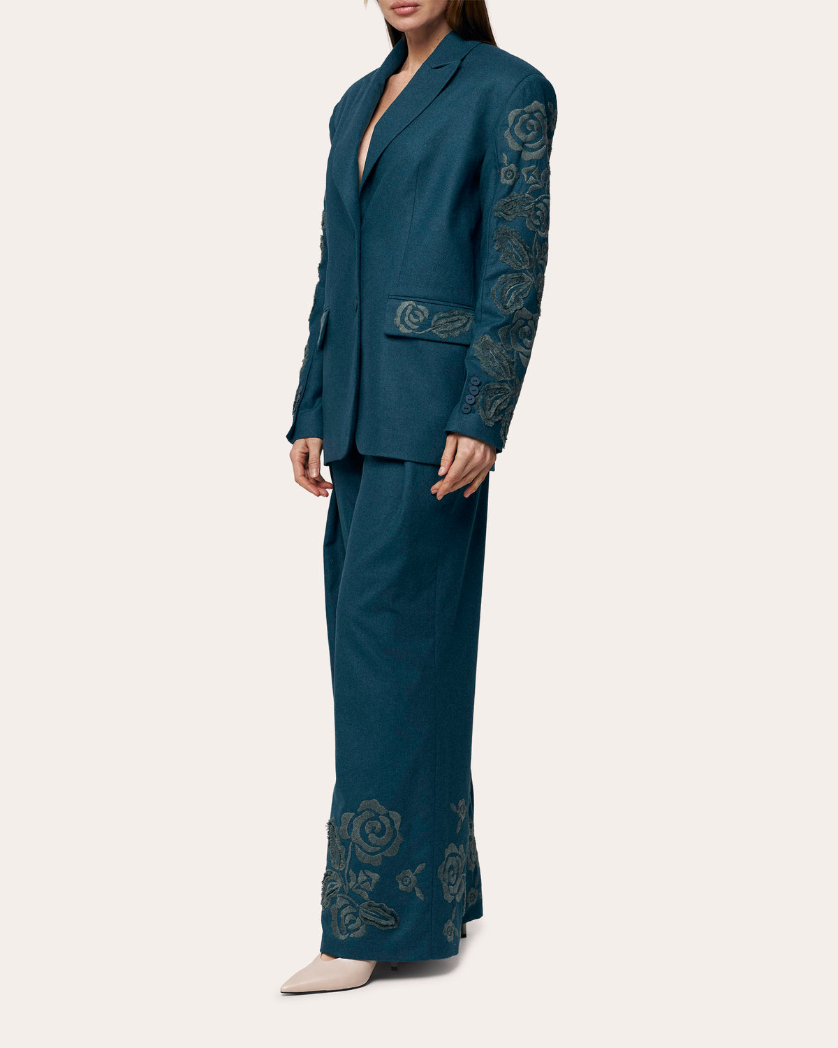 Velvet Rose Embroidered Wool Belted Blazer