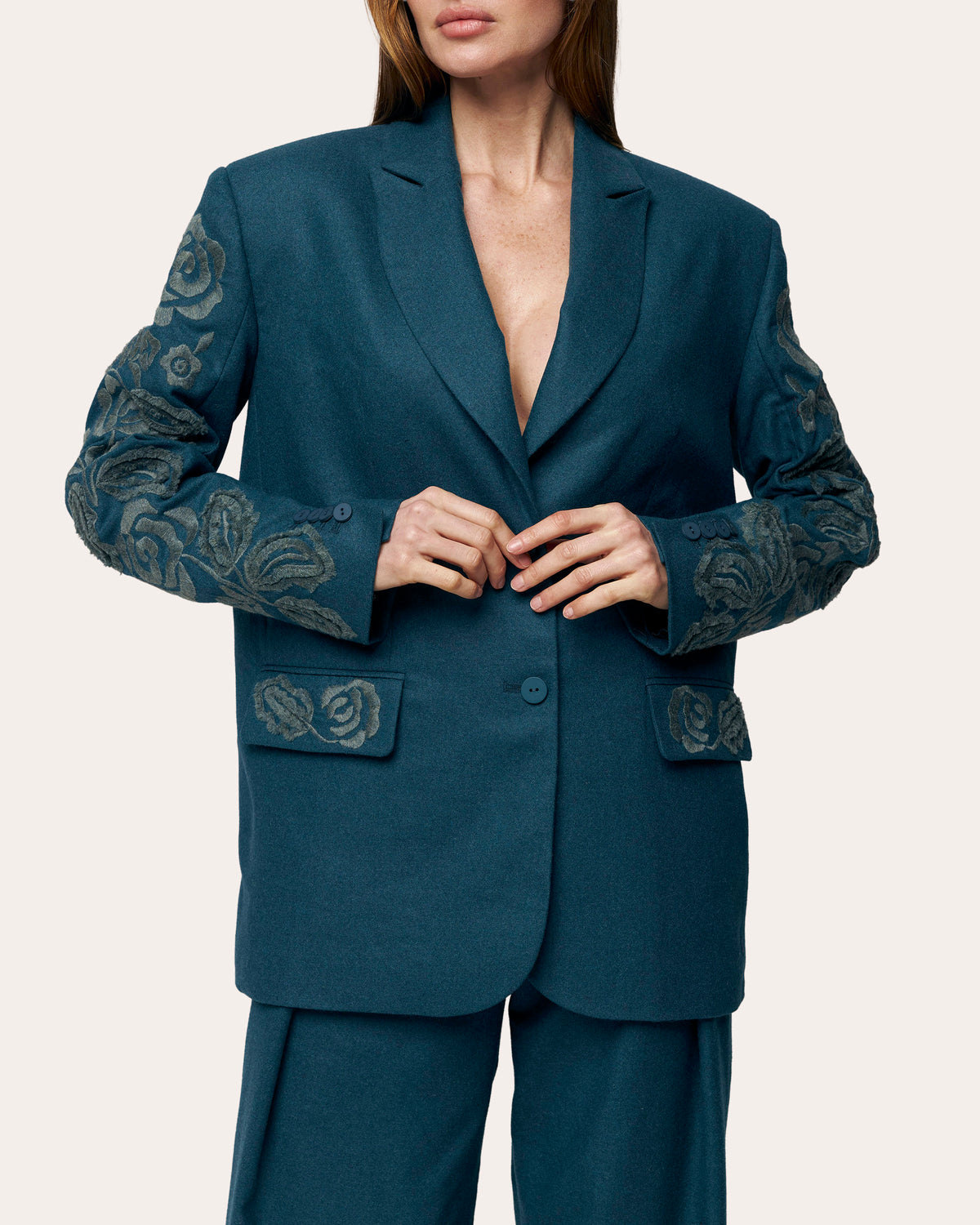 Velvet Rose Embroidered Wool Belted Blazer