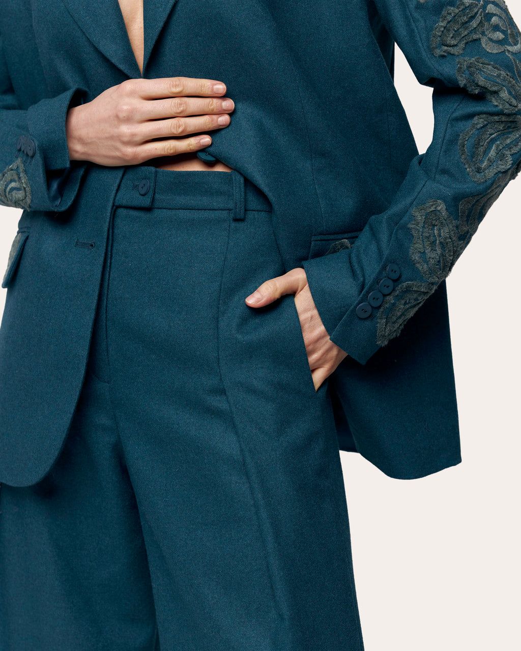 Velvet Rose Embroidered Wool Belted Blazer