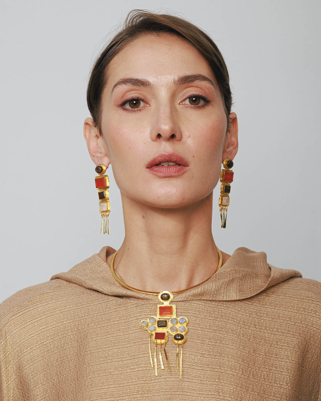 Bronzite & Moonstone Nefertiti Collar Necklace