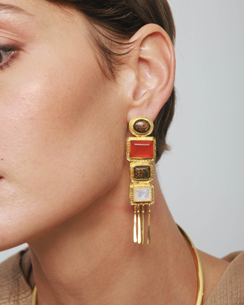 Bronzite & Moonstone Nefertiti Drop Earrings