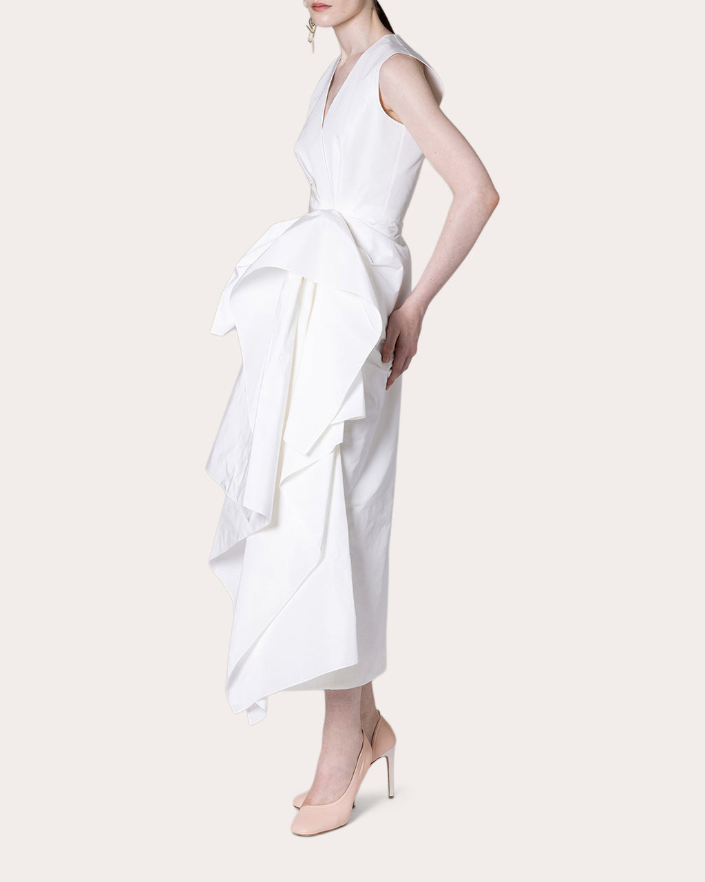Esra Taffeta Pleated Waterfall Midi Dress